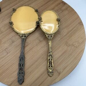 Vintage Hand held Ornate Vanity Mirror &‎  Brush set